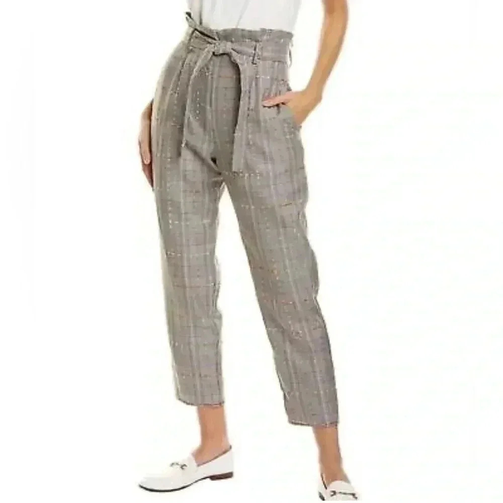 Amanda Uprichard Tessi Pants Brown Multi Plaid Tweed Paper Bag Tie Belt Waist XS